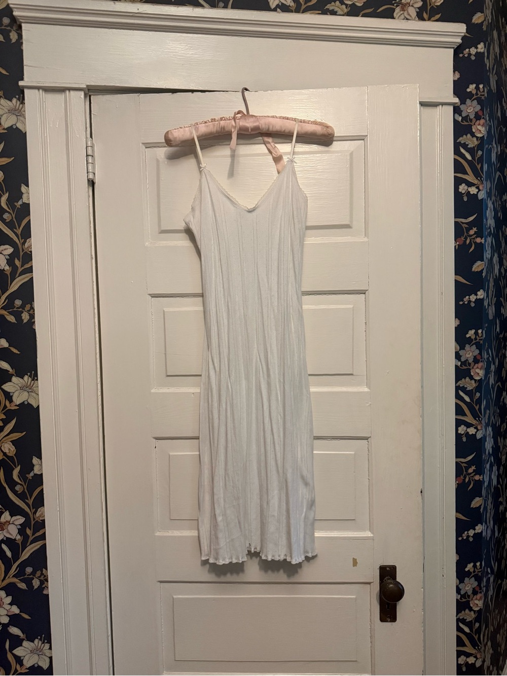 Sleeveless White Ribbed V-Neck Midi Slip Dress